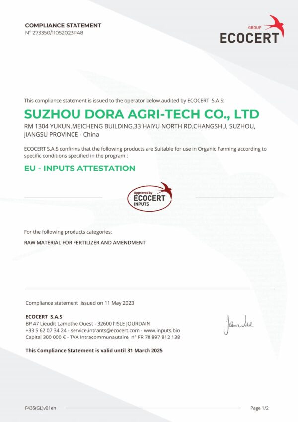 Ecocert Fertilizer Certificate For Dora Arouse Alginate Oligosaccharide